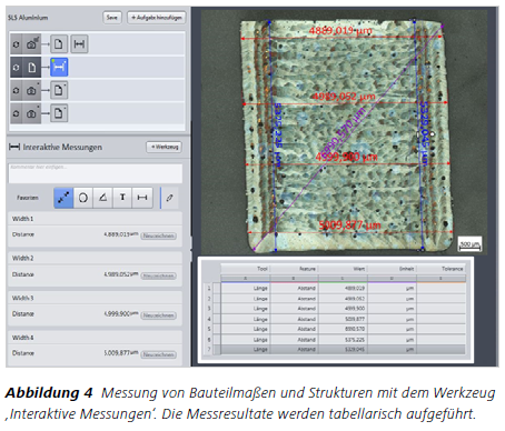 Abbildung 4 Messung von Bauteilmaßen und Strukturen mit dem Werkzeug
‚ Interaktive Messungen‘. Die Messresultate werden tabellarisch aufgeführt.